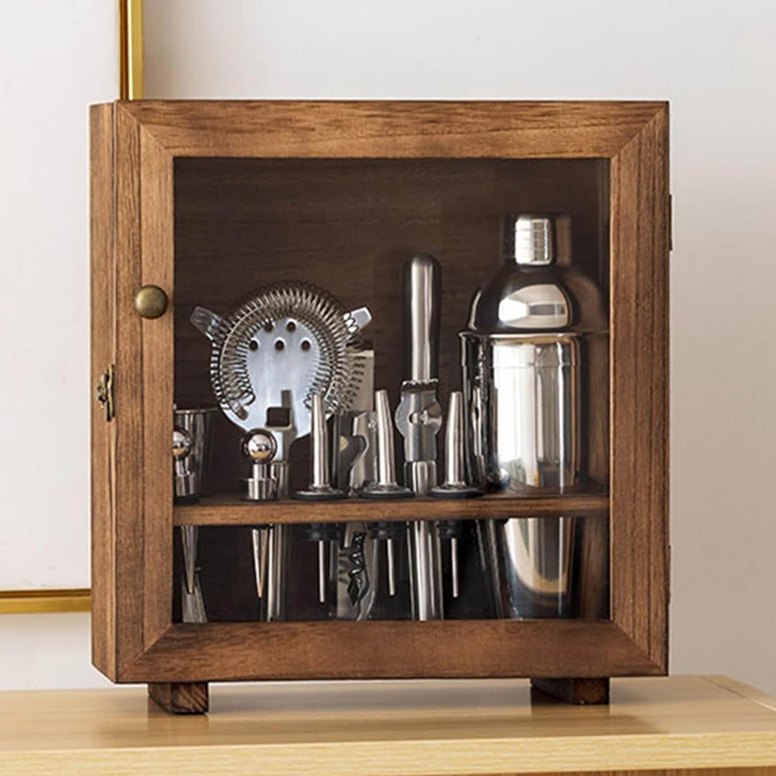 Juego de coctelera de acero inoxidable a prueba de polvo con caja organizadora de madera