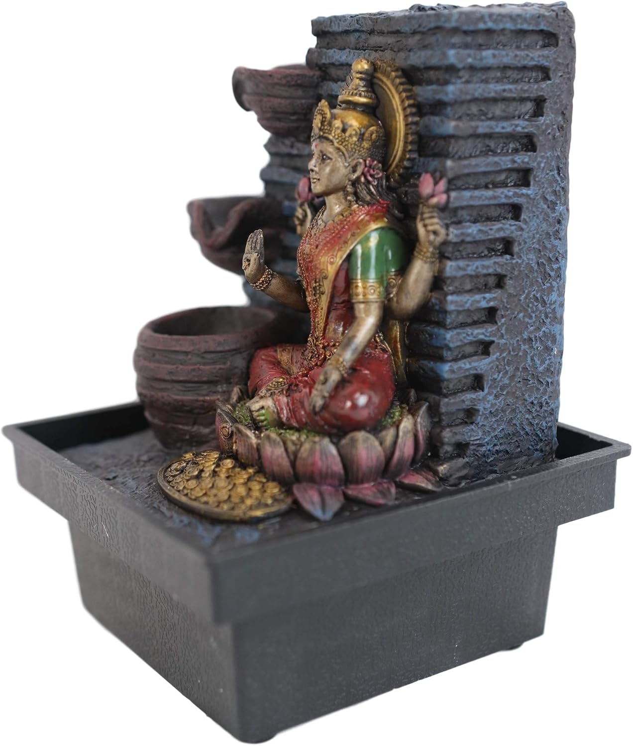 Ebros Gift Hindu Vastu Goddess of Prosperity Sri Lakshmi Sitting On Lotus Flower 7" Tall Desktop 3 Step Water Fountain Waterfall Statue Decorative Water Feature 3D Accent Art