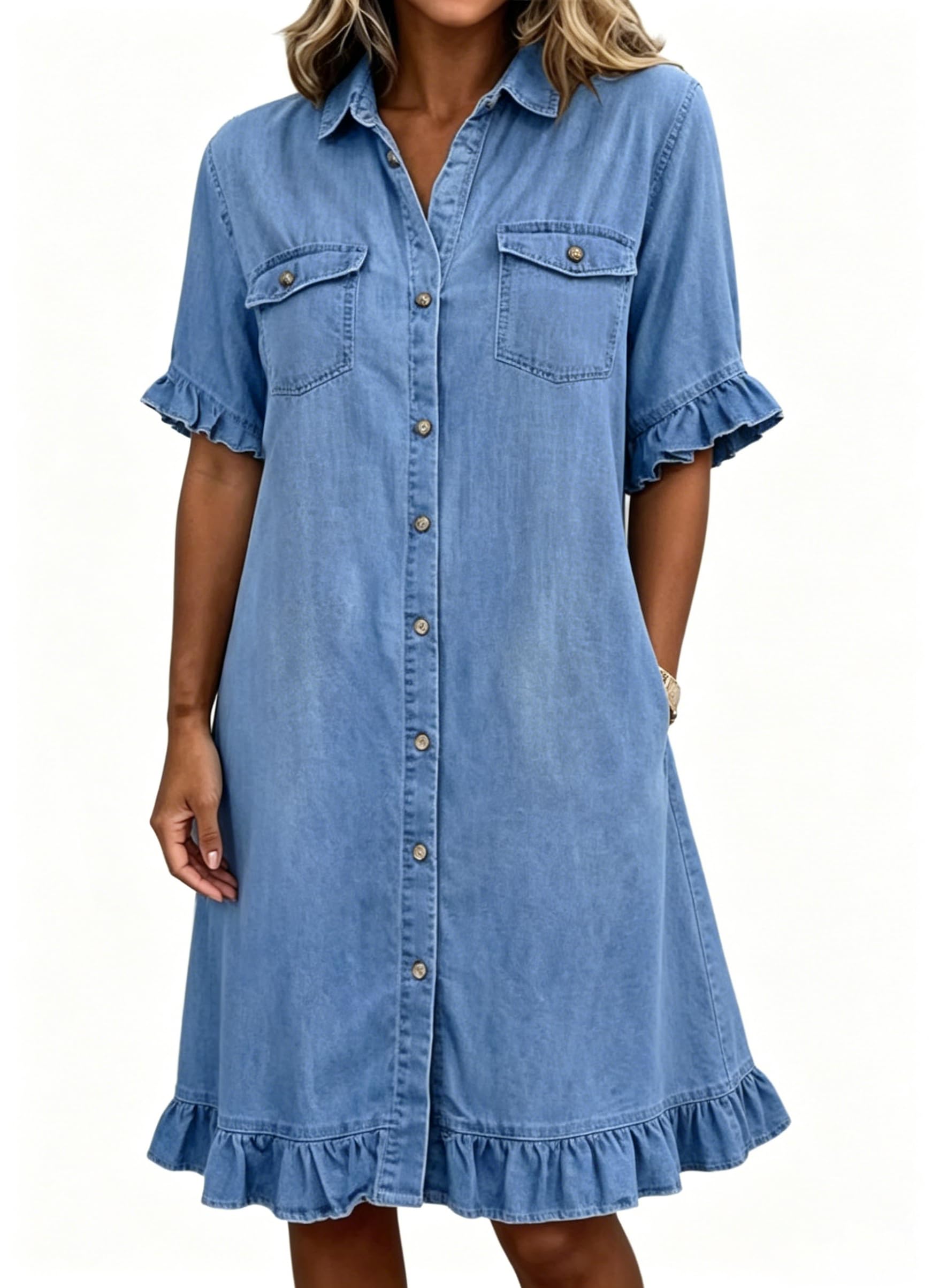 Photo 1 of chouyatou Women's Denim Shirt Dress - Blue, Large