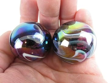 Set of 2 Milky Way 35mm Boulder Purple/Gold Oil Slick Metallic Iridescent Swirl Large Shooter Solid Glass Marbles