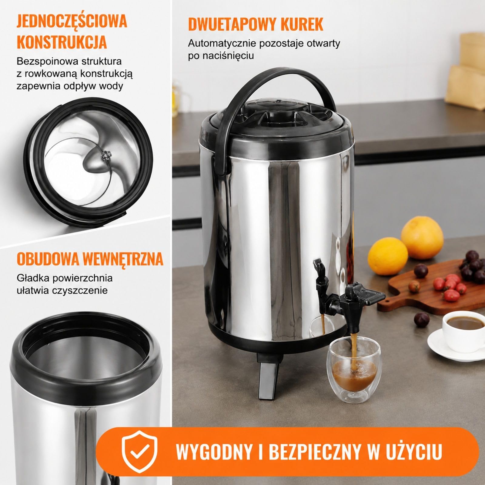 Izolowany dozownik napojów 7,6 L, dzbanek ze stali nierdzewnej z kranem i uchwytem do kawy wody soku kawiarni barów