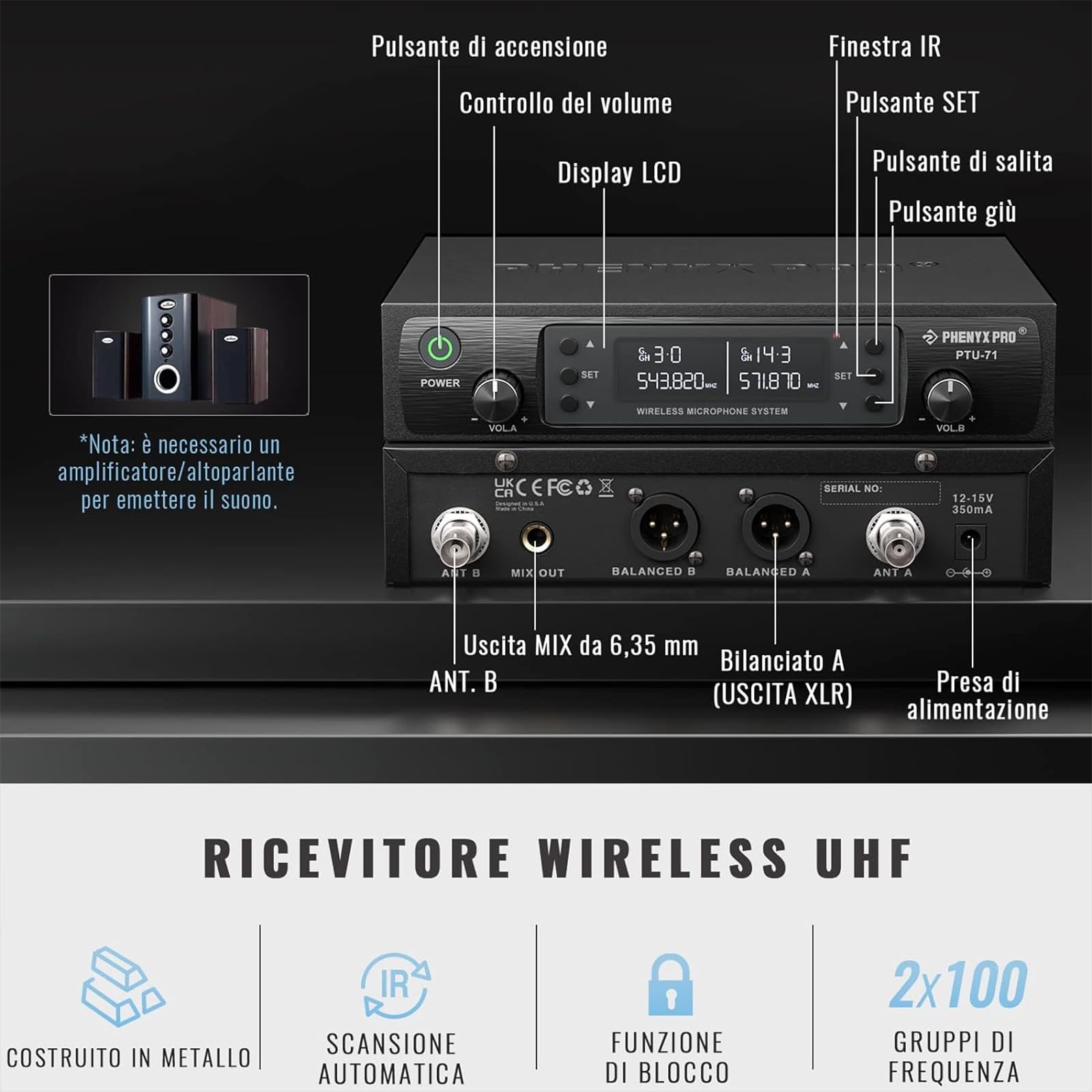 Phenyx Pro Sistema microfono wireless UHF doppio PTU-71-2B | scansione automatica con 2x100 frequenze, 2 bodypack e archetto/da bavero, microfono per cantare, chiesa, DJ