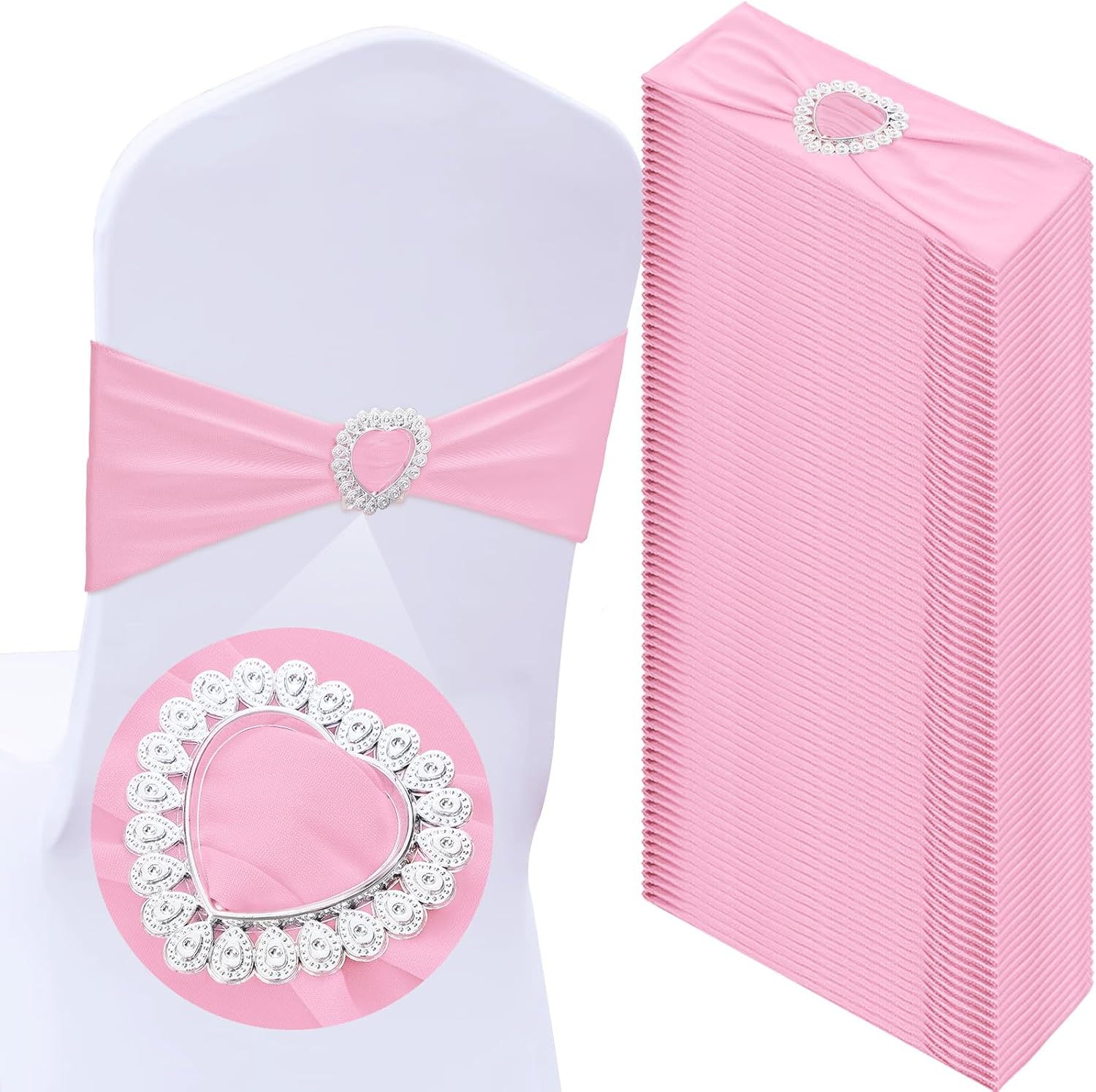 VitalCozy 50 Pcs Spandex Chair Sashes with Heart Shaped Buckle Slider Stretch Chair Cover Band Universal Elastic Chair Ties for Wedding Banquet Event Party Decoration(Pink)