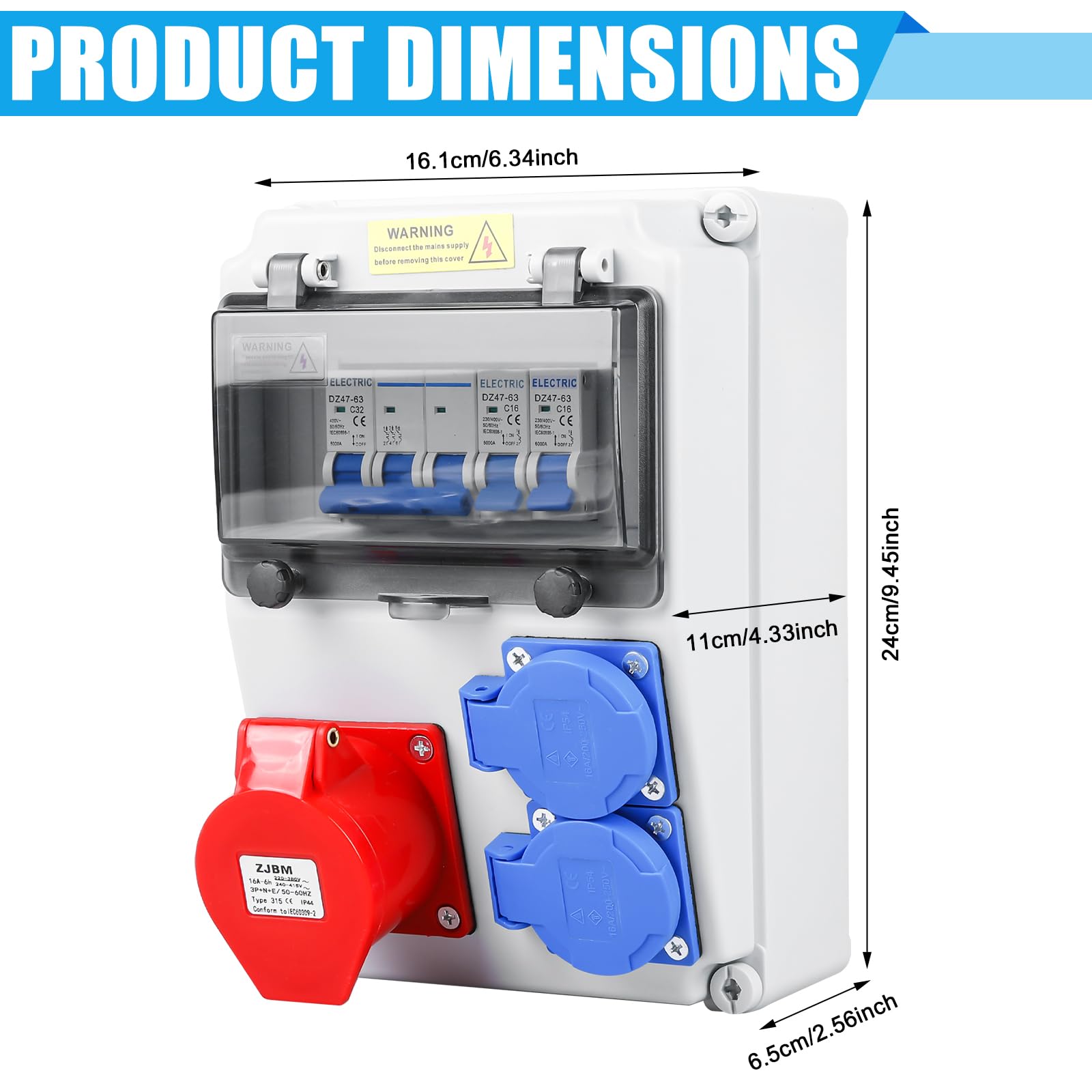Caja de distribución, distribuidor de corriente para obra, distribuidor de pared, con interruptor automático, 2 tomas Schuko y CEE 16A, distribuidor de corriente impermeable, completamente