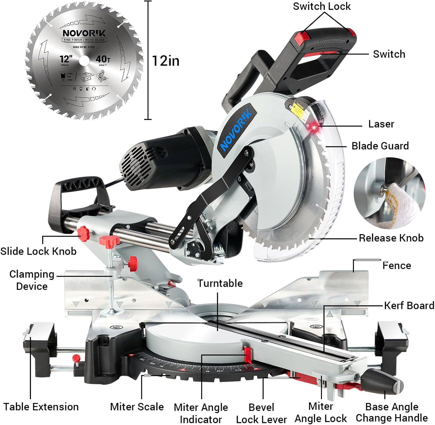 Labeled diagram of novorik 12-inch Double Bevel Compound Sliding Miter Saw components