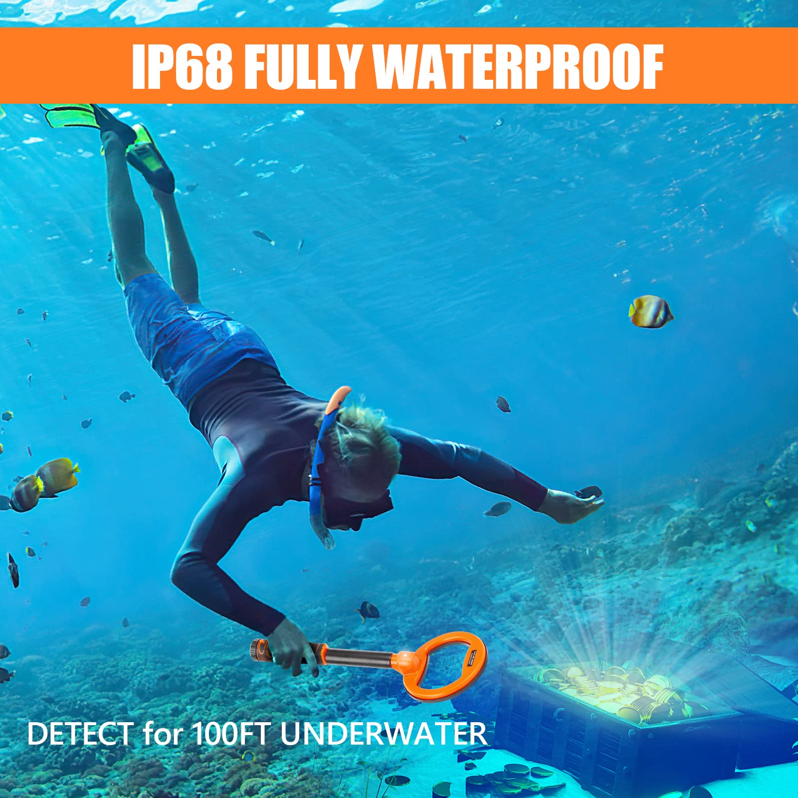 OMMO Metal detector Subacqueo, Metal Detector Completamente Impermeabile, Batteria Ricaricabile Integrata, 3 Modalità Vibrazione e Suono, Allarme Luminoso a LED, Metal Detector per Immersioni