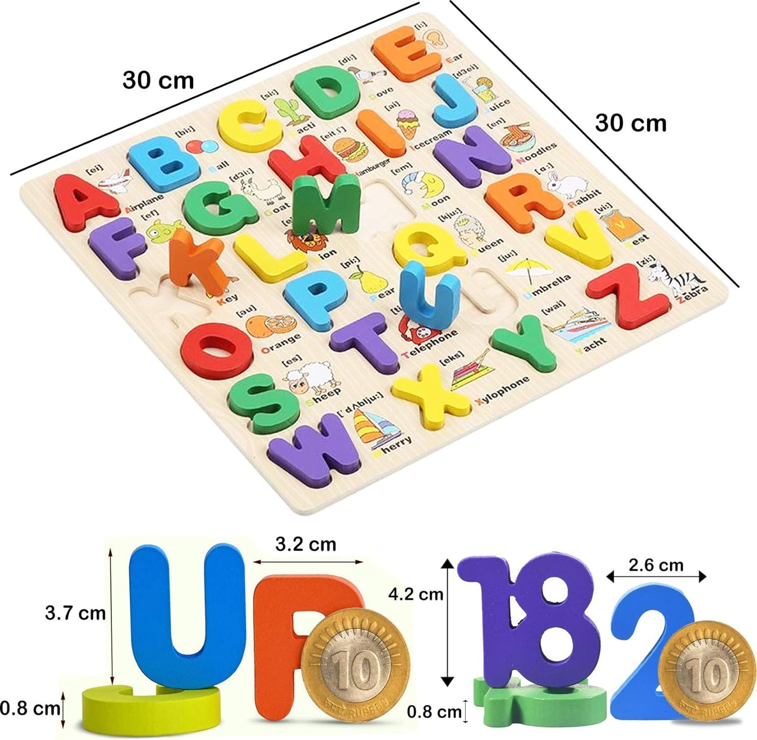 WISHKEY 3D Wooden Capital Alphabet & Number Board Puzzles with Pictures,Set of 2 Montessori Educational Learning Letters Toy for Pre Schooler Kids Boys & Girls(Pack of 2, Multicolor) 4