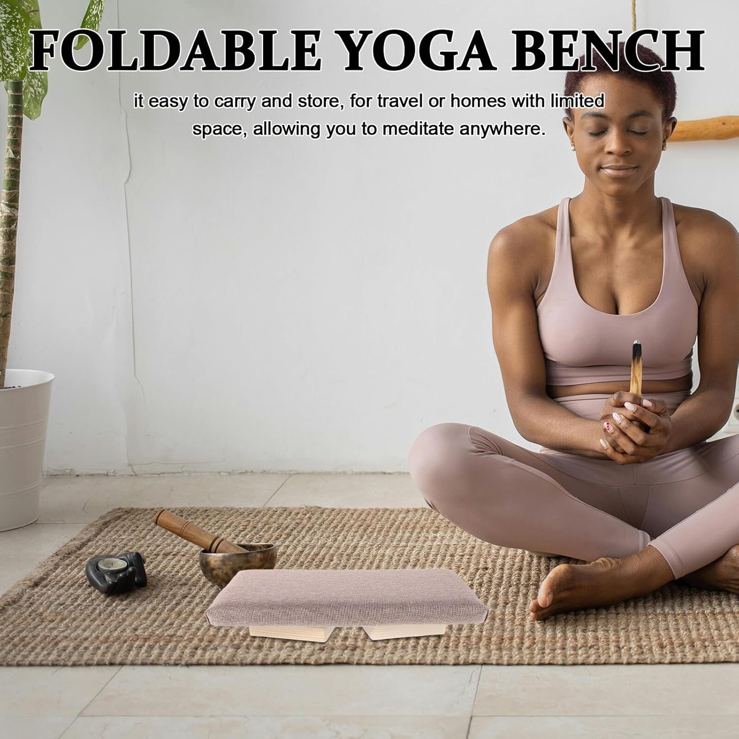 BESPORTBLE Foldable Wooden Bench for Adults, Ergonomic Stool with Milk Tea Color, Portable Posture Chair, Prayer, and Mindfulness Practice at Home Or Travel