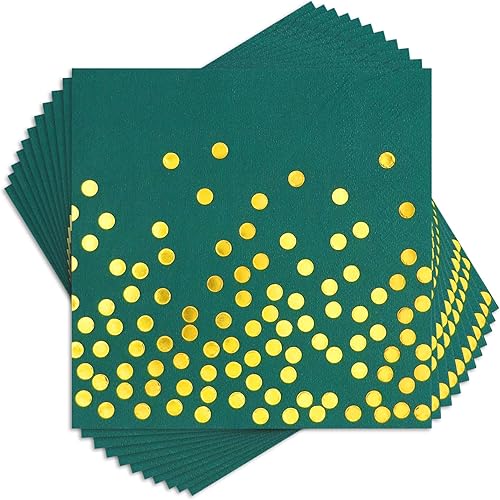 Paquete de 100 servilletas de cóctel verdes, servilletas de papel verdes y doradas, desechables para cumpleaños, vacaciones, aniversario,