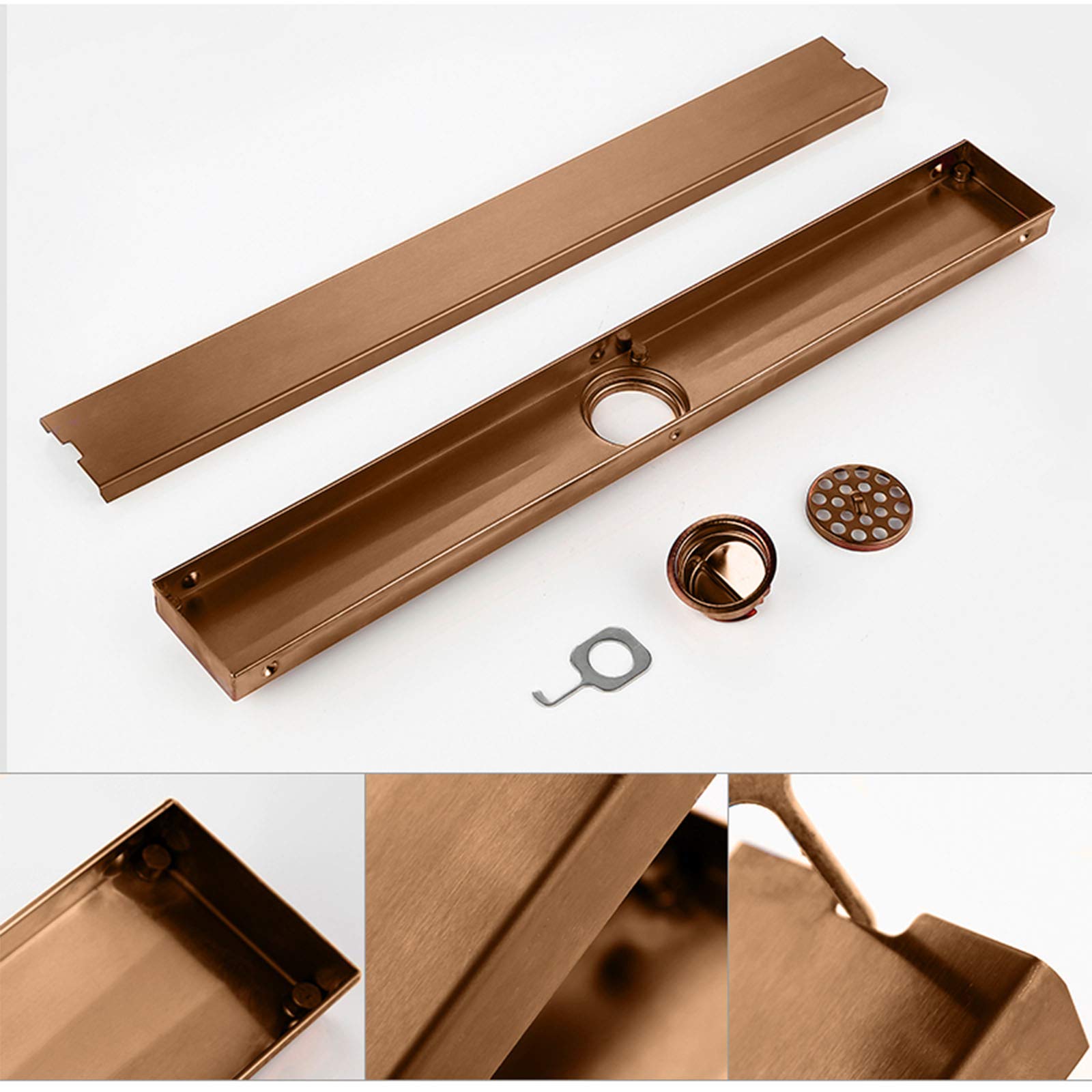 Scarico doccia lineare oro rosa, scarico bagno in acciaio inox 600 mm, scarico a pavimento rettangolare con inserto lineare antiodore