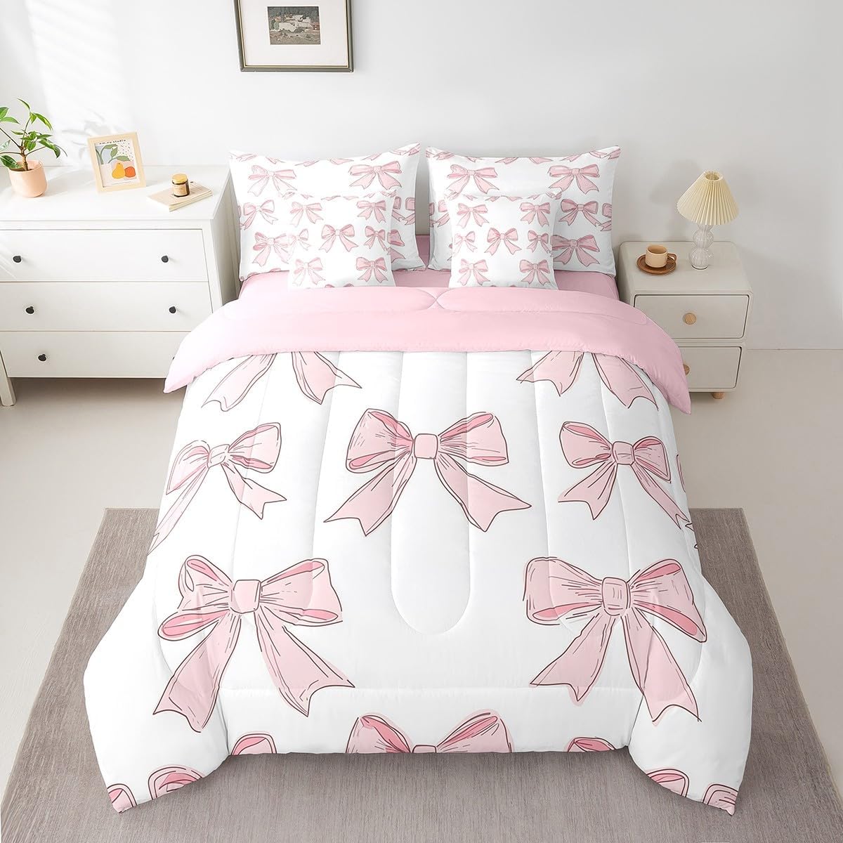 Feelyou Bowknot Comforter Set with Sheets Cute Pink Bow 7 Piece Bedding Set Queen Size for Kids Boys Girls Romantic Princess Style Bed in a Bag Soft Light Pink White Bedding Comforters