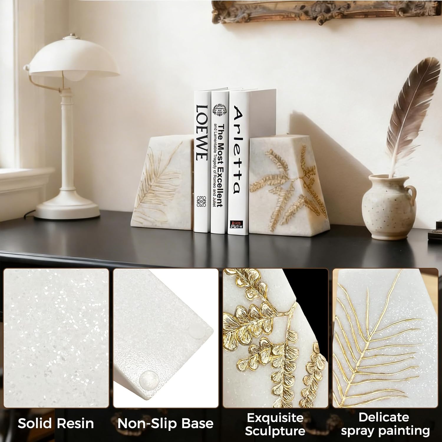 Heavy Duty Book Ends for Shelves, Decorative Book Ends for Heavy Books, Resin Modern Bookends with Marble Texture & Gold Botanical Detail, Minimalist Bookends for Home Decor, Set of 2