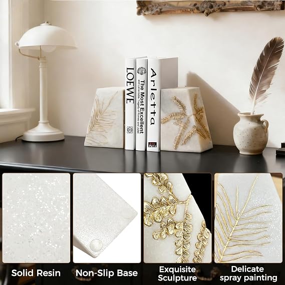 Heavy Duty Book Ends for Shelves, Decorative Book Ends for Heavy Books, Resin Modern Bookends with Marble Texture & Gold Botanical Detail, Minimalist Bookends for Home Decor, Set of 2