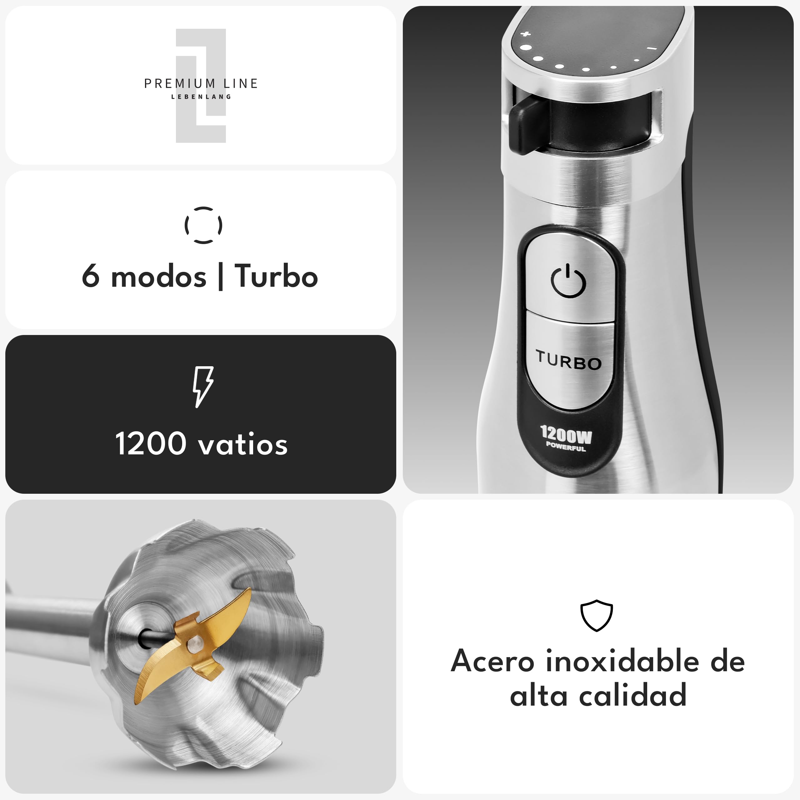 LEBENLANG Premium Set Batidora mano 1200w - Incl. 5x accesorios & protector contra salpicaduras I Infinitamente ajustable & turbo I Trituradora de alimentos Minipimer Blender Batidoras brazo Mixer