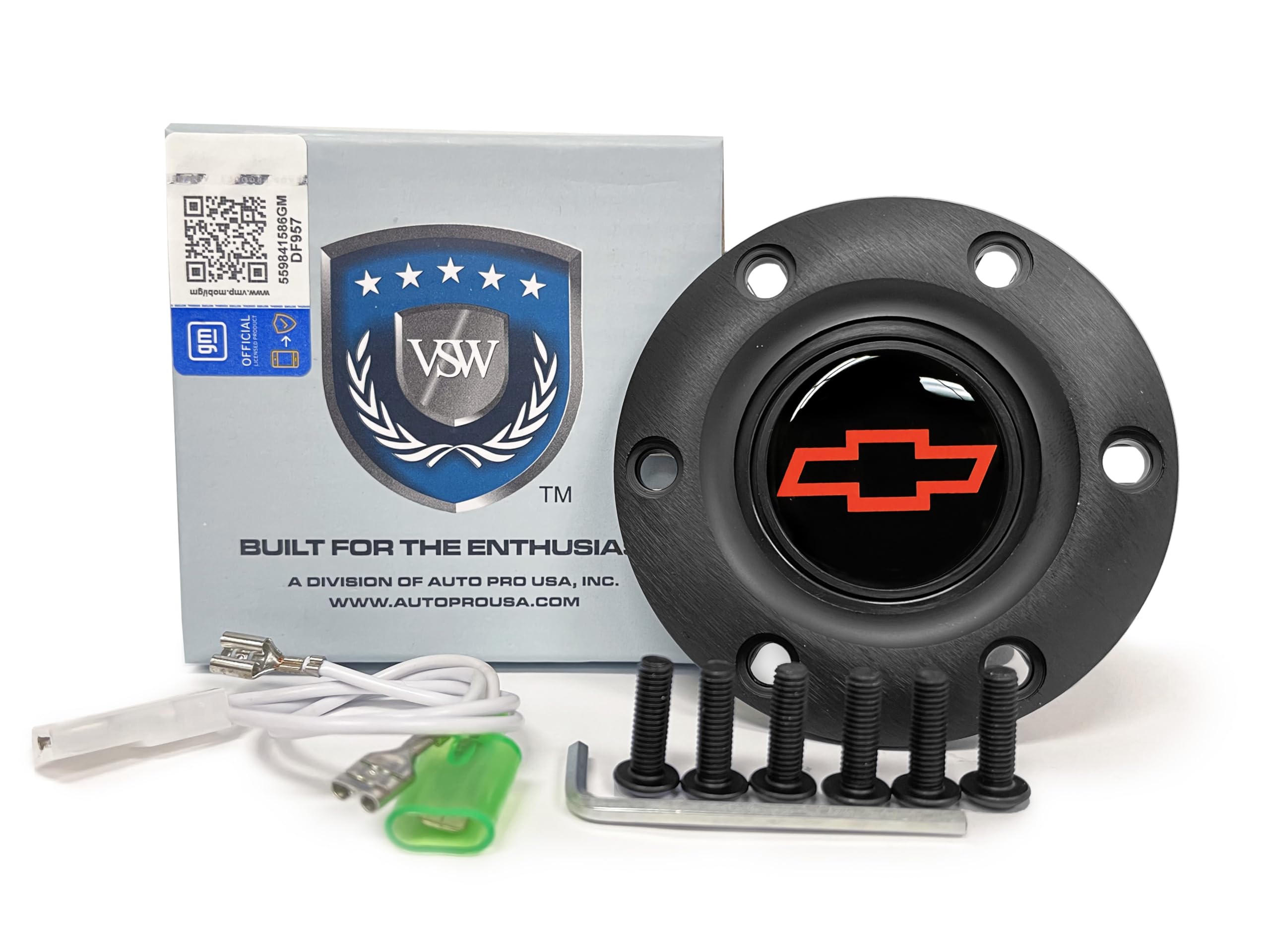 VSW S6 Black Horn Button Compatible with 6 Bolt Steering Wheel, Chevy Bow Tie, Red Emblem, STE1008BLK