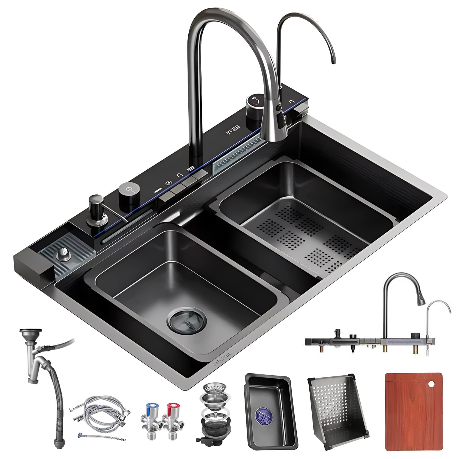ZQFHSX Black Stainless Steel, Waterfall Single Bowl Workstation multifunctional Top-Mount Nano Coating Bar Sink with Pull-Out Faucet, Siphon, Overflow and Drain set(Black#4A