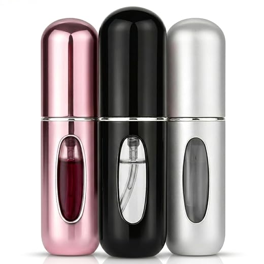 Kit com 3 Frascos Recarregáveis para Perfume, Mini Spray Portátil 5ml, Visor Transparente, Rosa Ouro-Rosa e Azul