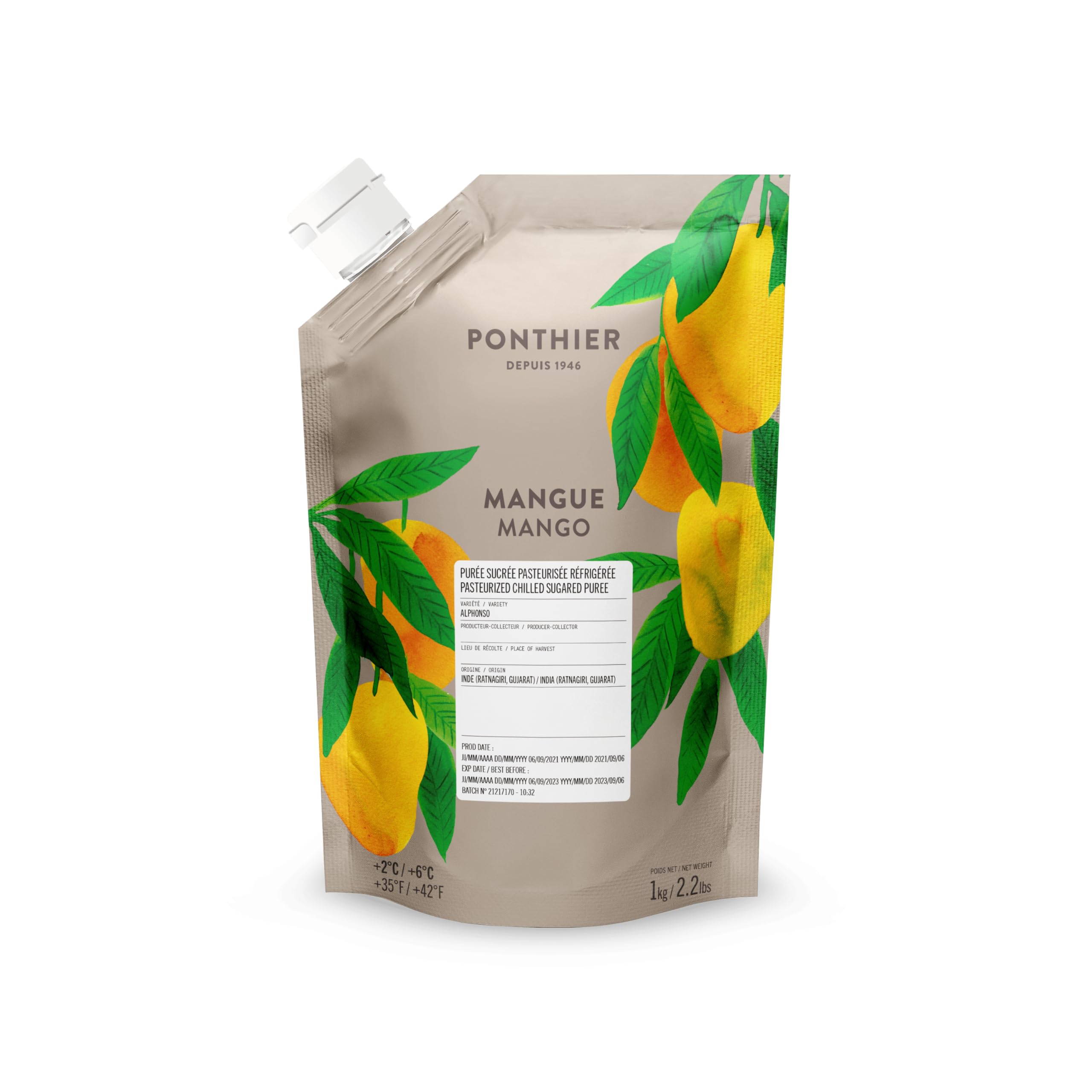 PONTHIER Mango Püree 1 kg – Premium Fruchtpüree mit 90% Mango, gekühlt, für Smoothies, Desserts, Sorbet, Eiscreme, Cocktails, Bowls & Patisserie
