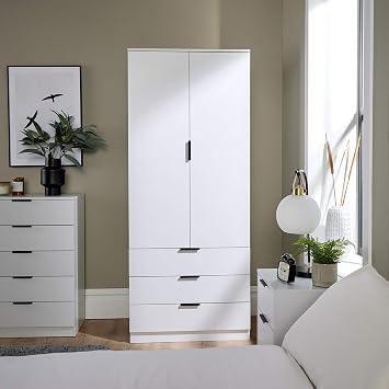 Home Source Phoenix Wardrobe with 2 Doors & 3 Drawers | 181cm Tall White | Hanging Rail & Storage Shelf | Contemporary Bedroom Furniture | 50D x 75W x 181H cm