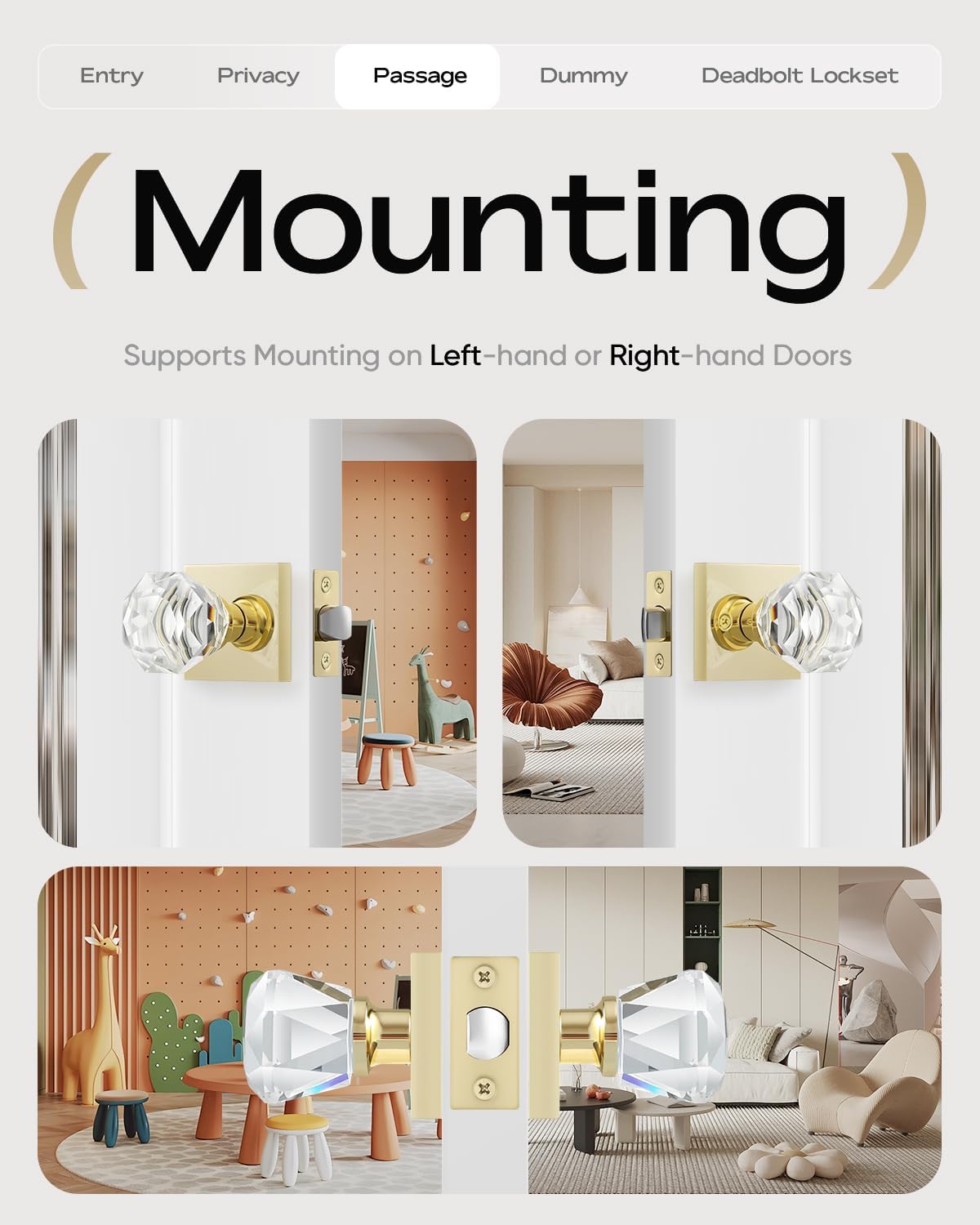 Leydebong 1 Pack Nonlocking Passage Door Knobs, Interior Gold Door Handles, Clear Crystal Glass Door Levers Interior, Modern Gold Door Knob