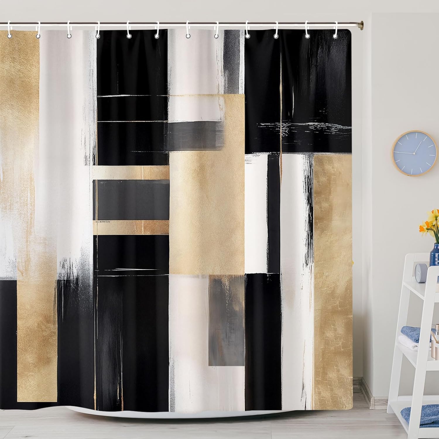 Black and Gold Abstract Shower Curtain, Boho Modern Aesthetic Shower Curtain Set, Beige Cream Brown Oil Painting Neutral Art Shower Curtain for Bathroom Fabric with 12PCS Hooks, 72X78IN Artistic