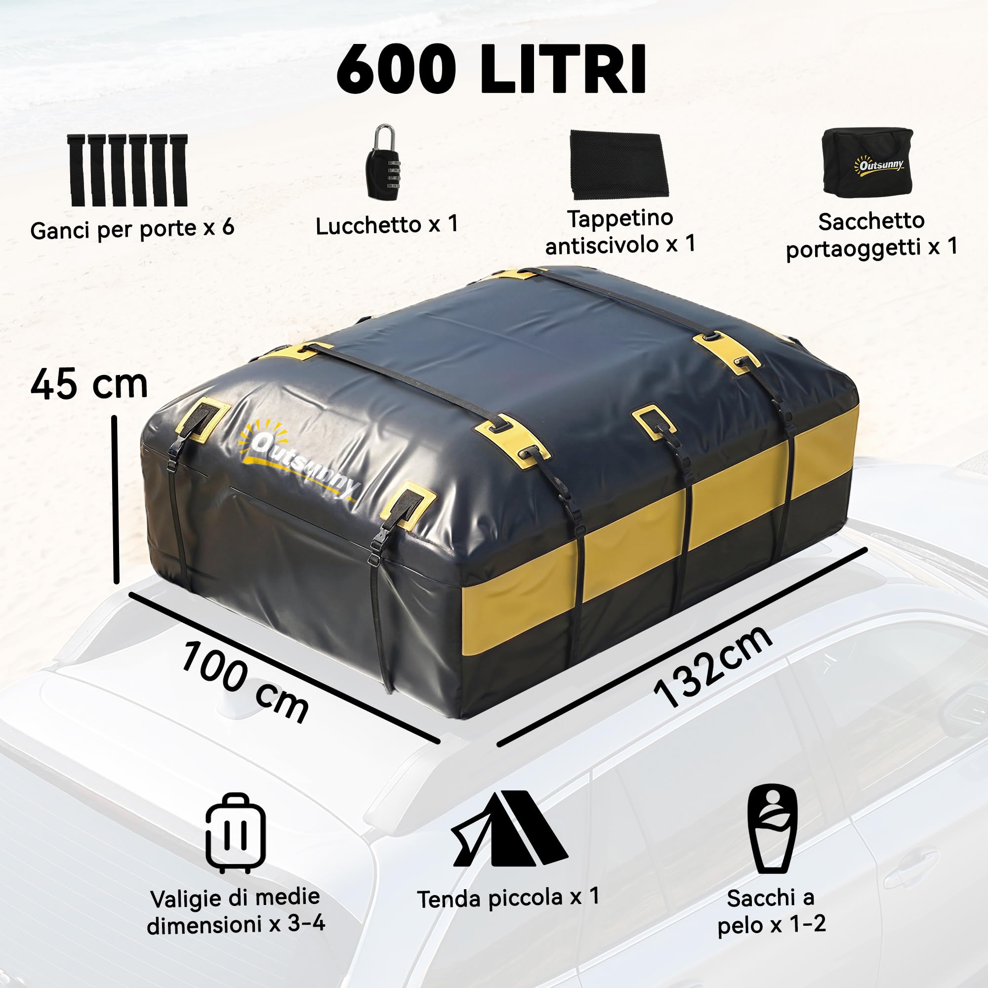 Outsunny Portabagagli da Tetto 595 Litri Impermeabile, Borsa da Tetto Auto con 6 Cinghie Rinforzate, Tappetino Antiscivolo e Ganci per Portiere, Adatto a Tutti i Veicoli con o senza Barre, Giallo