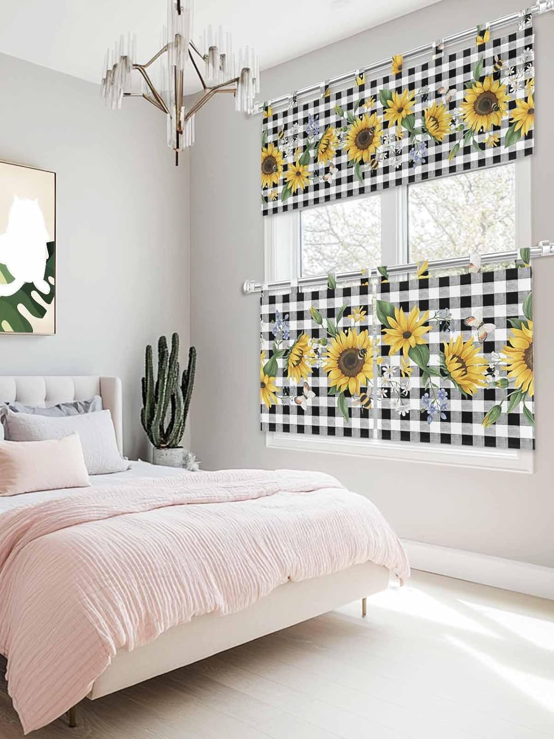 3 Pcs Kitchen Curtains and Valances Set for Windows, Watercolor Black and White Buffalo Check Sunflowers Pattern Light Filtering Curtain Valance, Drapes Privacy Protect for Bathroom Bedroom