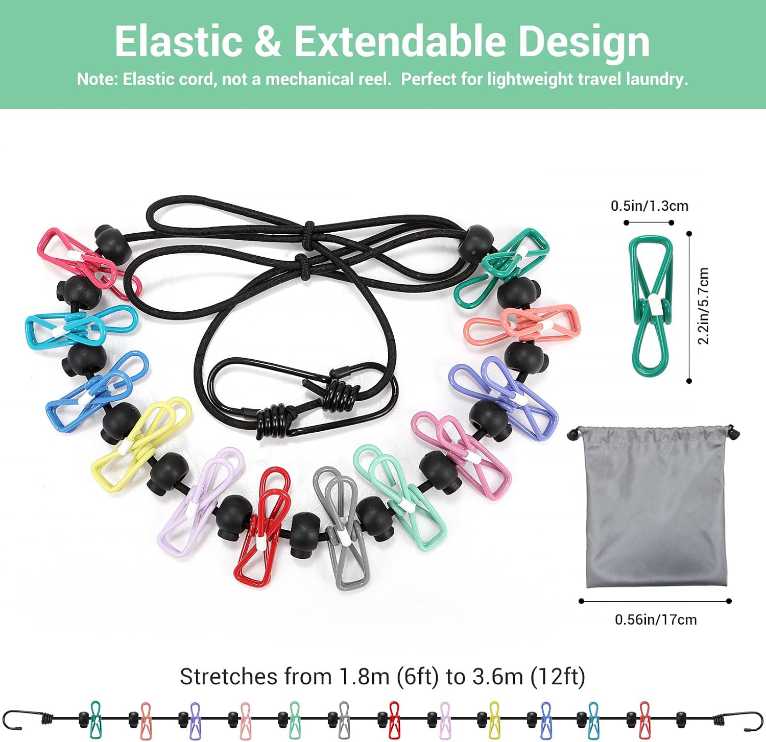 Retractable Portable Travel Clothesline with 12 Clips, Indoor Outdoor Clothes Drying Rack for Hotel, Cruise, Camping Accessories