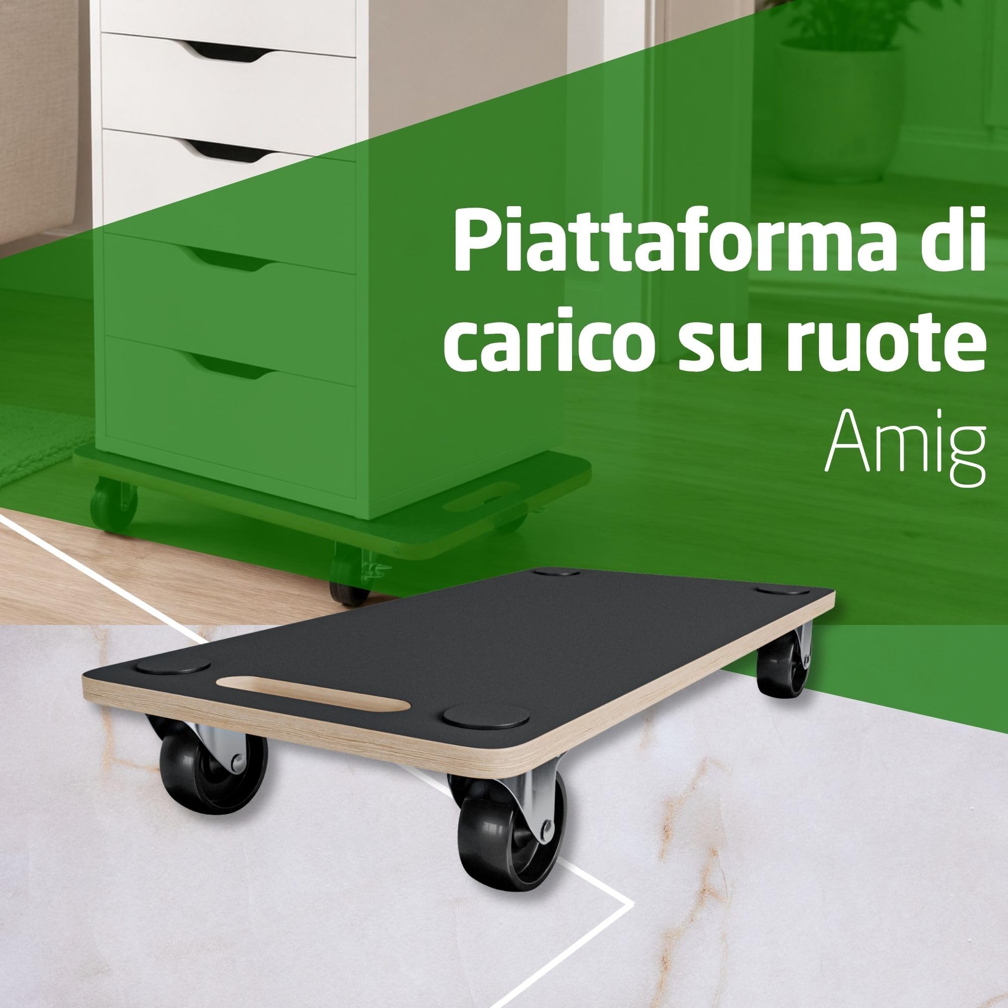 Amig - Piattaforma di Carico con Ruote | Supporto Rotante Rettangolare | 4 tappetini antiscivolo | 58 x 29 cm | Carico Max.: 200 kg | 4 Ruote: 2 con Freno | MDF | Certificato FSC | Nero
