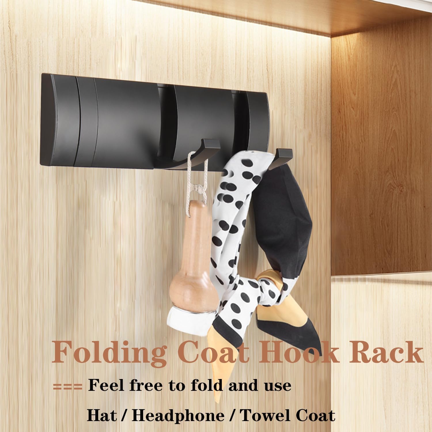 Folding Coat Hooks, Wall Mounted Coat Rack with 3 Retractable Hooks, Heavy Duty Towel Rack for Bathroom Wall Hook for Hanging Clothes Bathrobe, Stainless Steel Coat Hanger for Entryway(Black) - Image 7