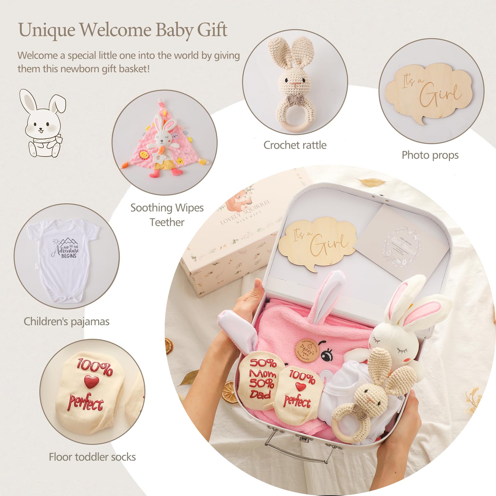 Baby Gift Set Traje regalo para bebés,regalo recién nacidos,toallas baño para fiestas bebés,calcetines mantas para bebés milestone,ganchillo madera,juguetes Griffin Rattle (para niñas)