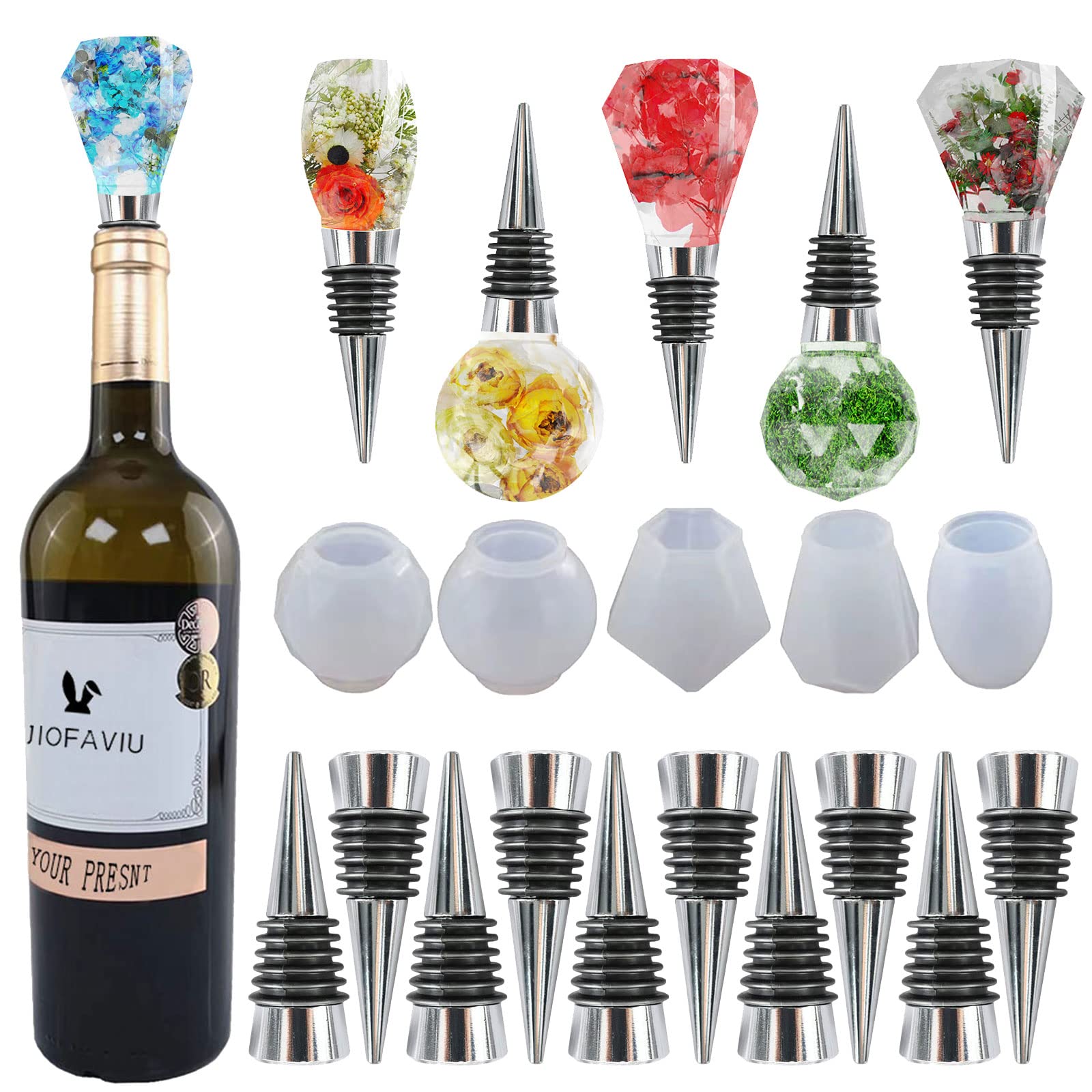 15 Pcs Resin Wine Bottle Stopper Molds Set, Wine Stopper Silicone Molds for Epoxy Resin (5 Molds and 10 Stoppers)