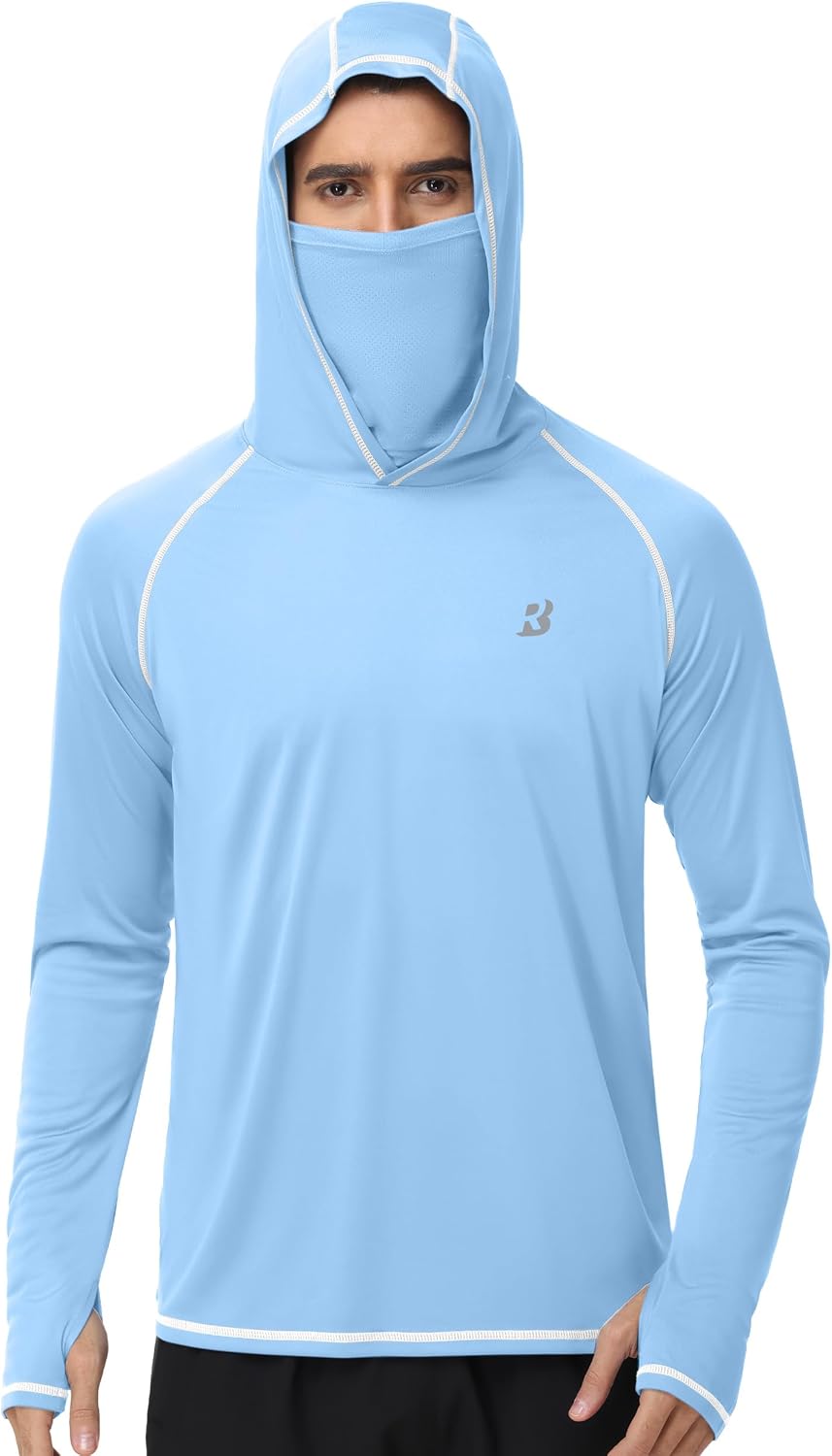 Roadbox UPF 50+ Fishing Shirts for Men, Long Sleeve UV Sun Hoodie with Mask, Outdoor Swim Hiking Running Workout Rash Guard