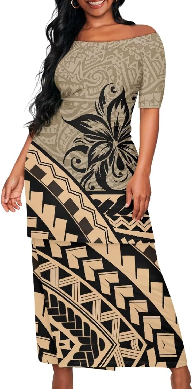 Puletasi Samoan Dress for Women Off Shoulder Dress Plus Size Tops and Skirt Sets