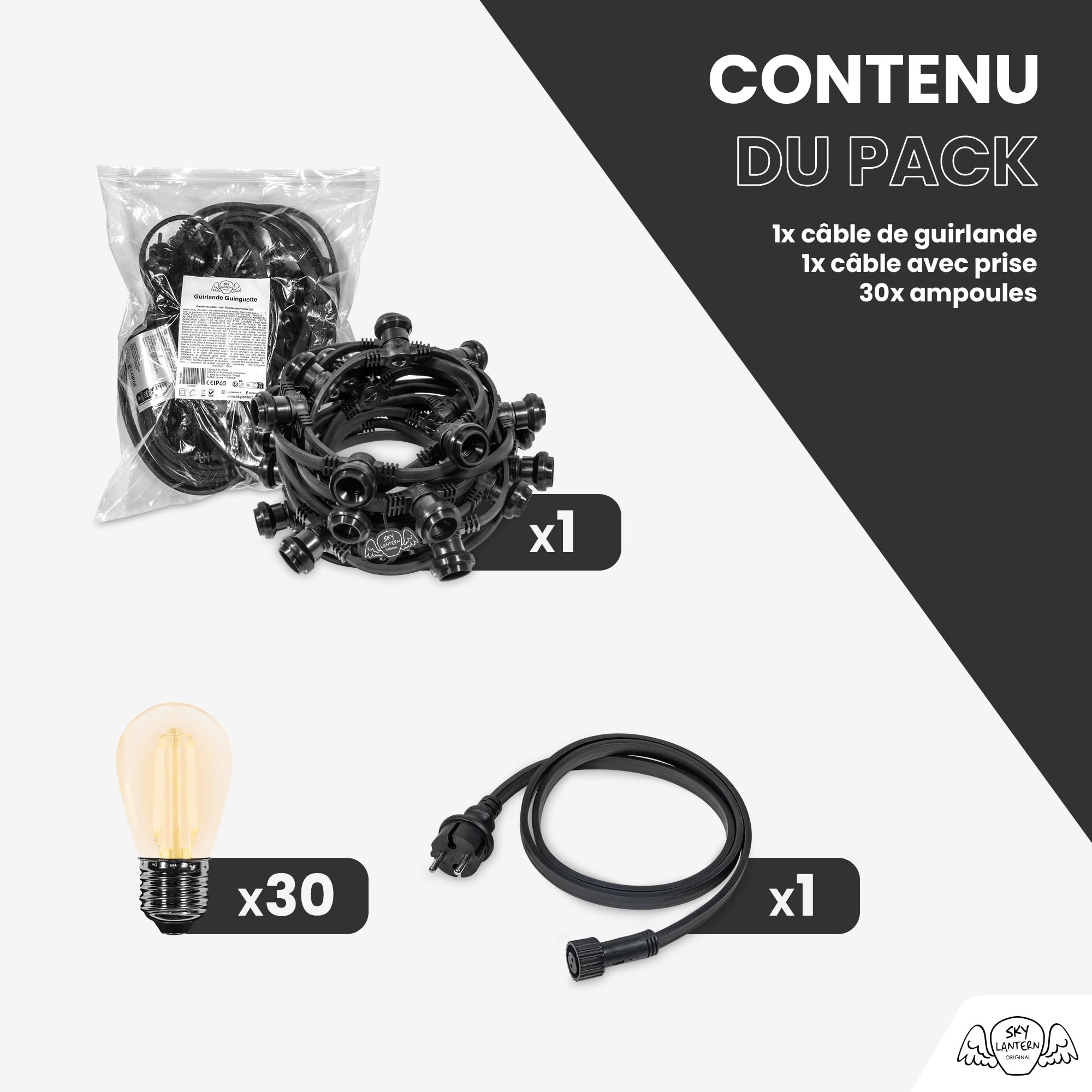 SKYLANTERN Guirnalda Luces Exterior 10M 30 Bombillas LED Filamento Ámbar E27 Blanco Cálido 2700K IP65 Impermeable Extensible Para Jardín Terraza Bodas Fiestas