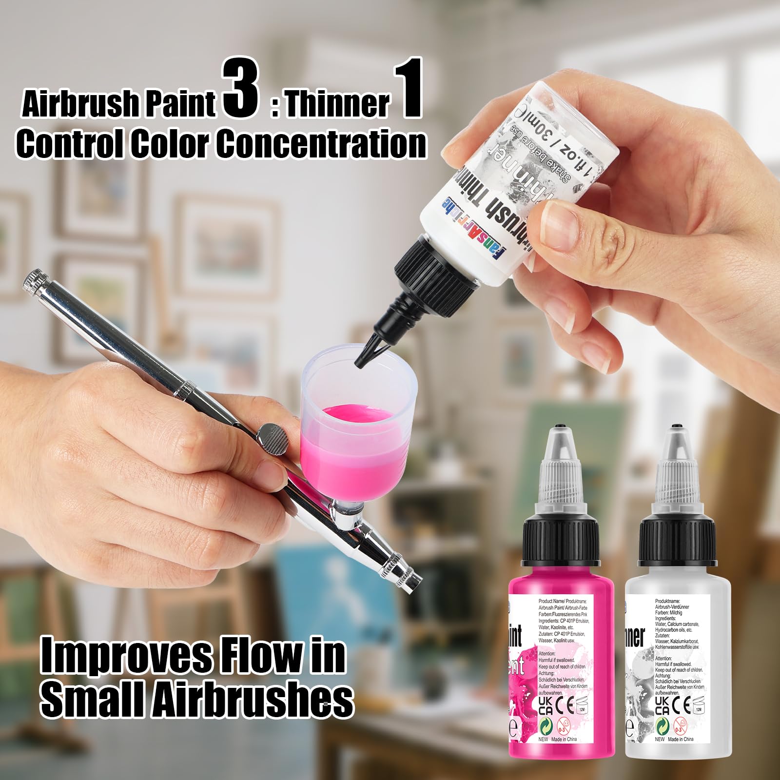 FansArriche Airbrush Farben, 48 Farben und 4 Verdünnern und 2 Grundierungen, 30 ml/Flasche, Wasserbasierte, Metallic, Neon und Iridescent-Acryl Airbrush Farben