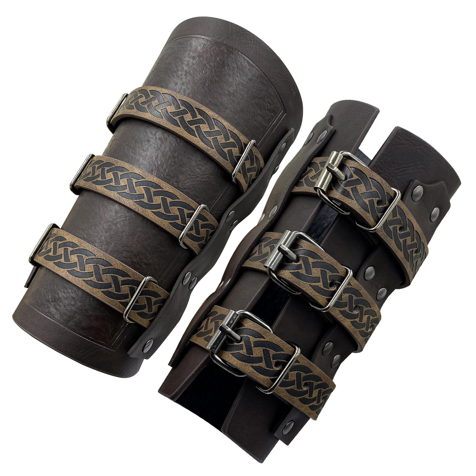 Medieval Buckle Fastening Arm Guards,Retro Faux Leather Bracers,Renaissance Gauntlet Wristband for Halloween LARP Mercenary Knight (Brown)