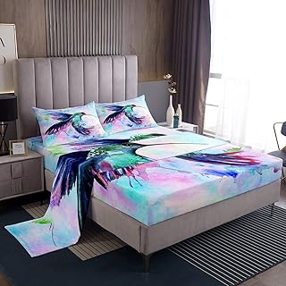 Erosebridal Hummingbird Bed Sheets Queen Size Watercolor Animals Sheet Set Boho Tie Dye Bird Fitted Sheet Cartoon Wild Animal Wildlife Room Decor Flat Sheet for Kids Boys Girls Teens