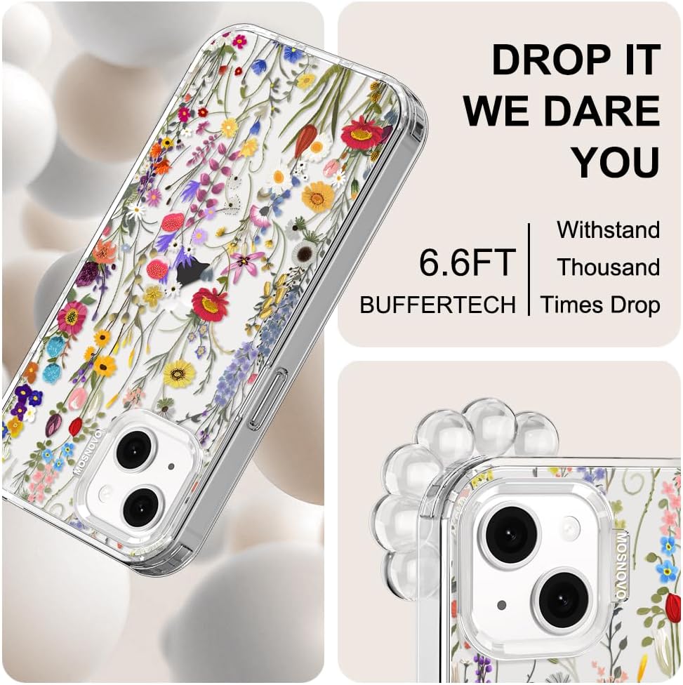 MOSNOVO for iPhone 13/14 Case | Military Grade 6.6ft Drop Tested | Clear with Wildflower Meadow Design - Image 6