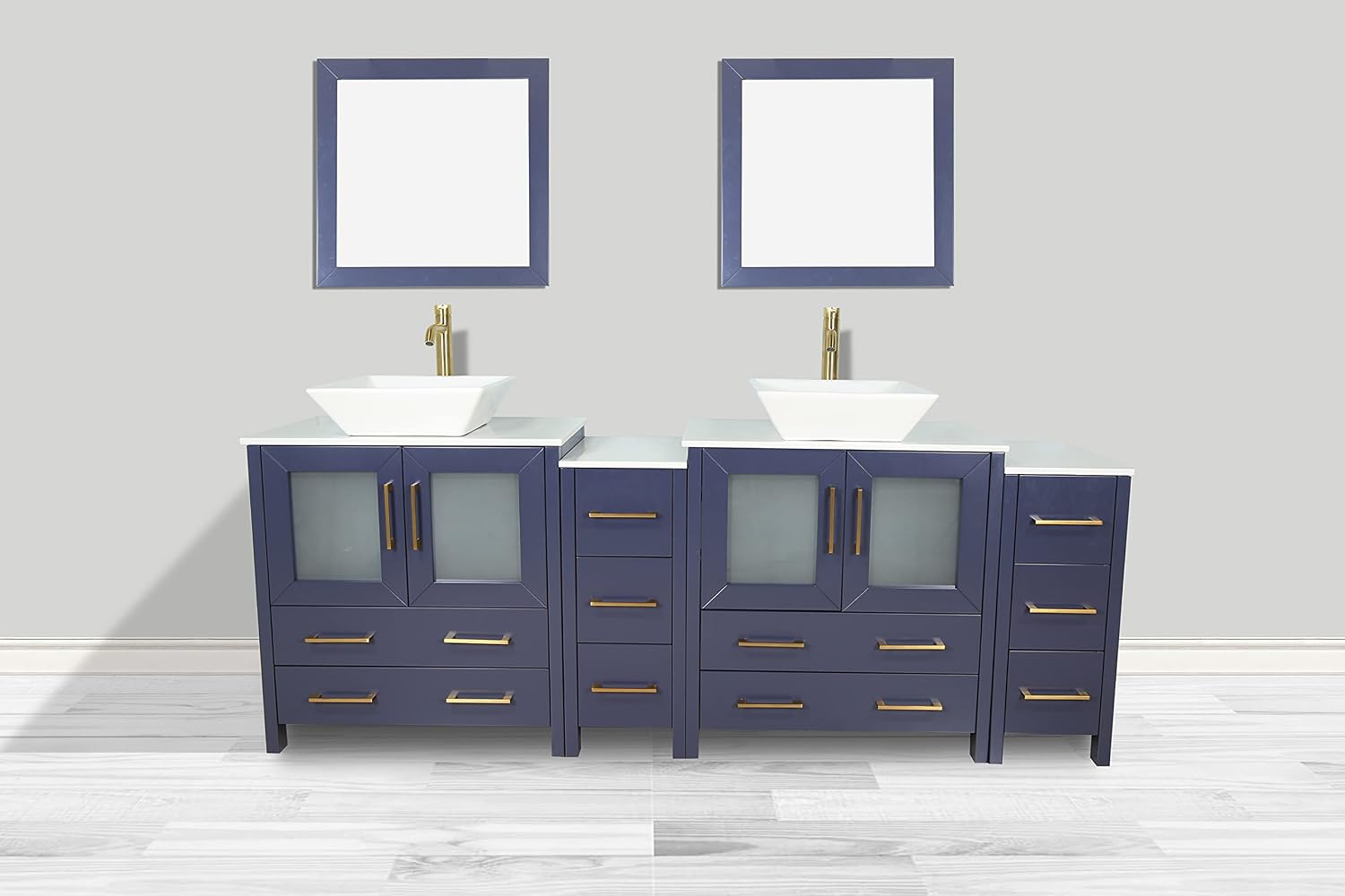 Vanity Art 84 Inch Vessel Double Sink Bathroom Vanity Cabinet with 2 Mirrors, Engineered Marble Top Bathroom Cabinet Compact Set with 10 Dovetail Drawers and Soft Closing Doors, VA3130-84B
