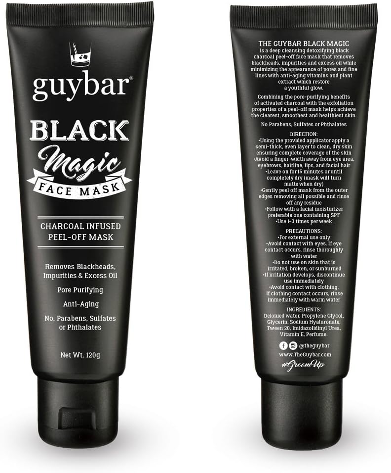 Guybar BLACK MAGIC Charcoal Infused Peel-Off Face Mask - Removes Blackheads, Impurities & Excess Oil - Anti Aging