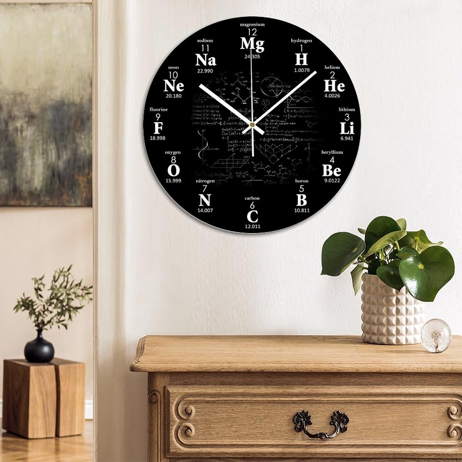 Round PVC Wall Clock 15 Inch Periodic Table of Elements Chemistry-Chemical Formulas Battery Operated Non Ticking Silent Clock for Living Room, Kitchen, Bedroom,Nursery,Farmhouse