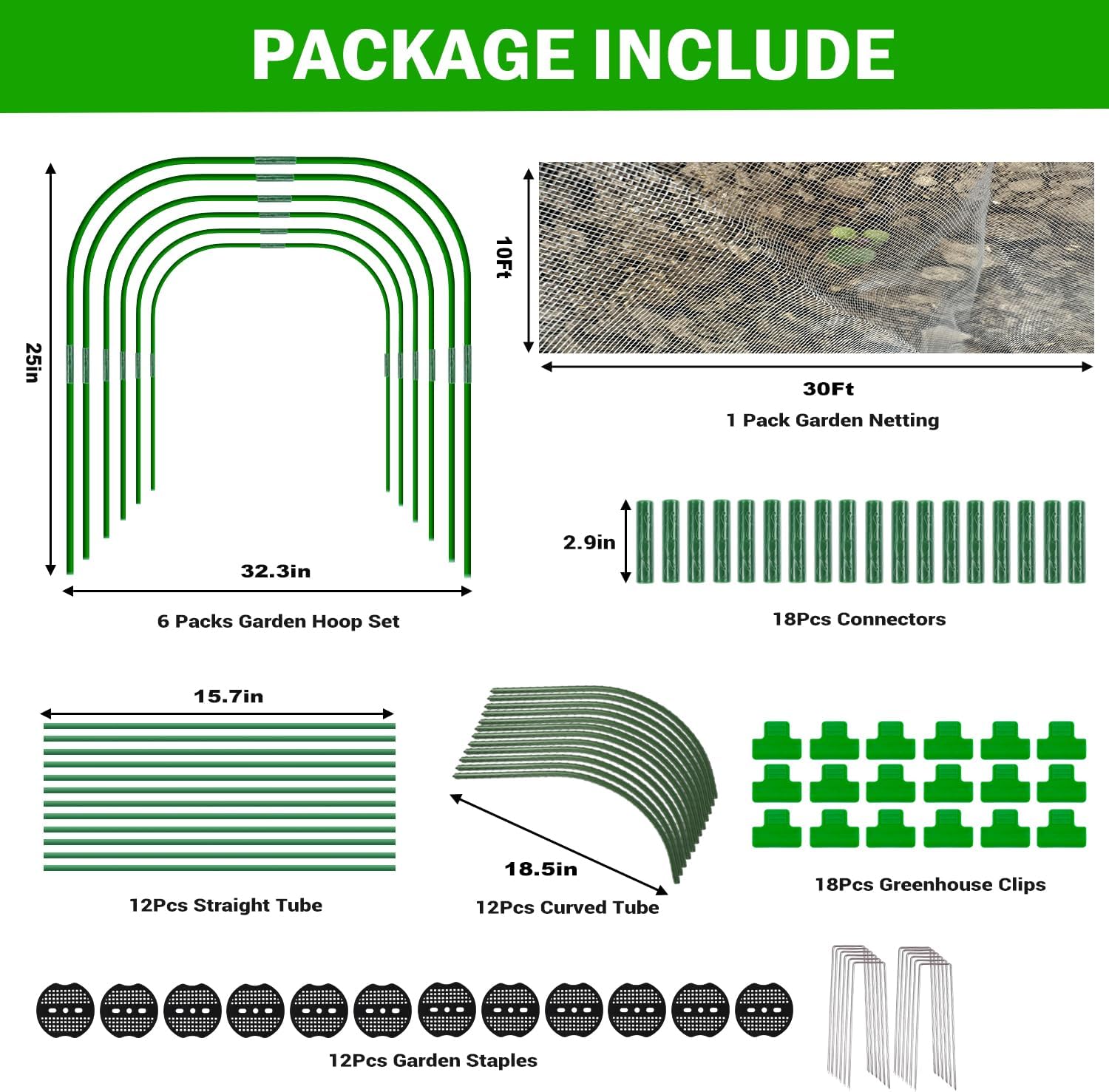 Garden Mesh Netting Kit, 10x30FT Green Ultra Fine Netting with 6 Sets Wide Garden Hoops & 18 Clips, Raised Garden Bed Netting with Frame, Row Cover, Plant Barrier for Vegetables Fruits