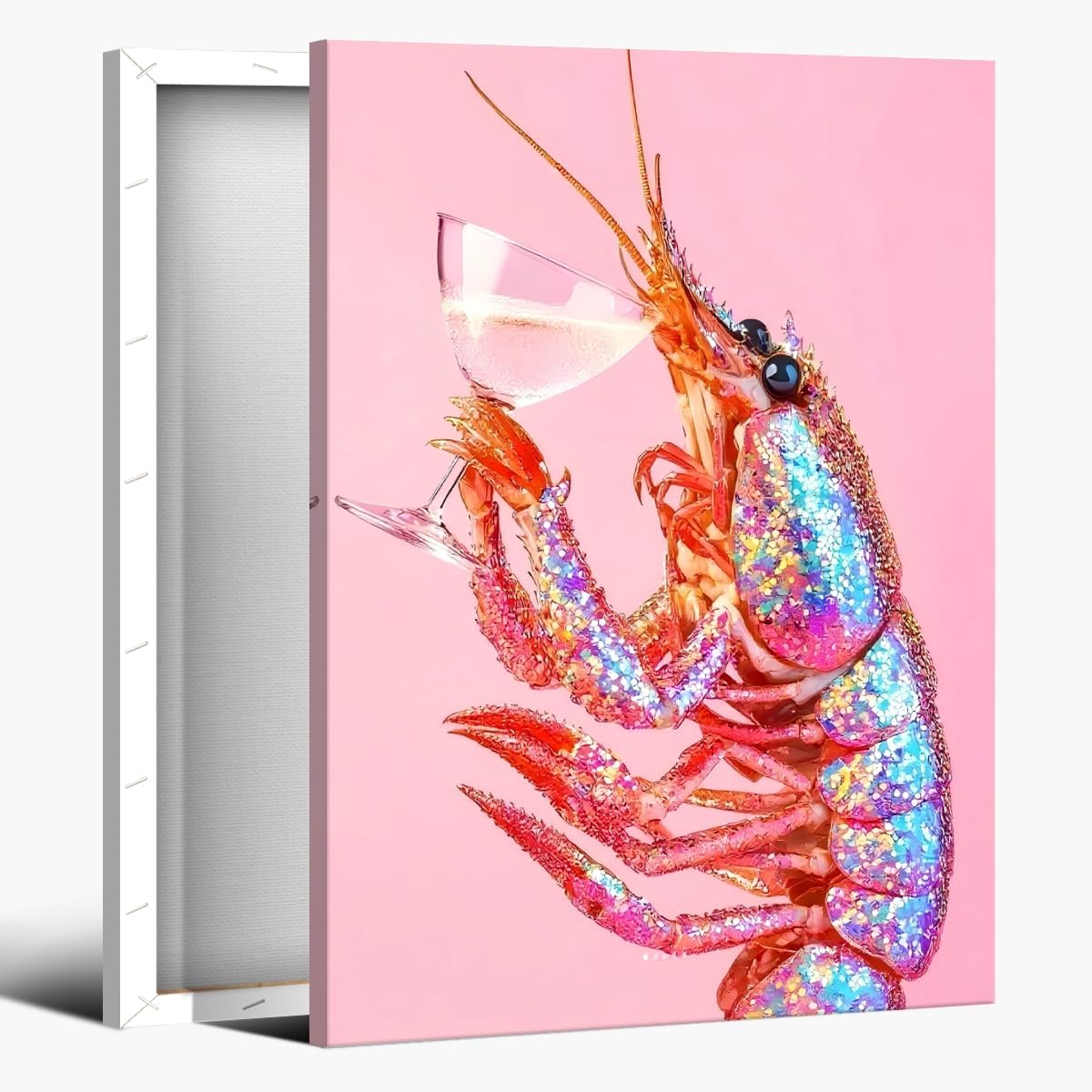 Psychedelic Pink Lobster Cocktail Wall Art Funny Crayfish Martini Poster Trippy Coastal Beach Aesthetic Canvas Prints Colorful Shrimp Picture Funky Seafood Decor for Kitchen Bar 16x24inch Framed