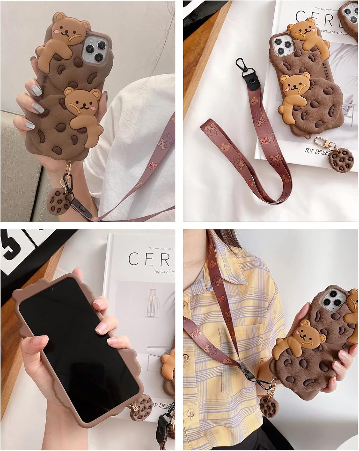 SGVAHY Case for iPhone 11 Case Cute with Lanyard Keychain Kawaii Phone Cases 3D Cartoon Bear Cookie iPhone Case Soft Silicone Shockproof Protective Case Cover for Women Girls Khaki