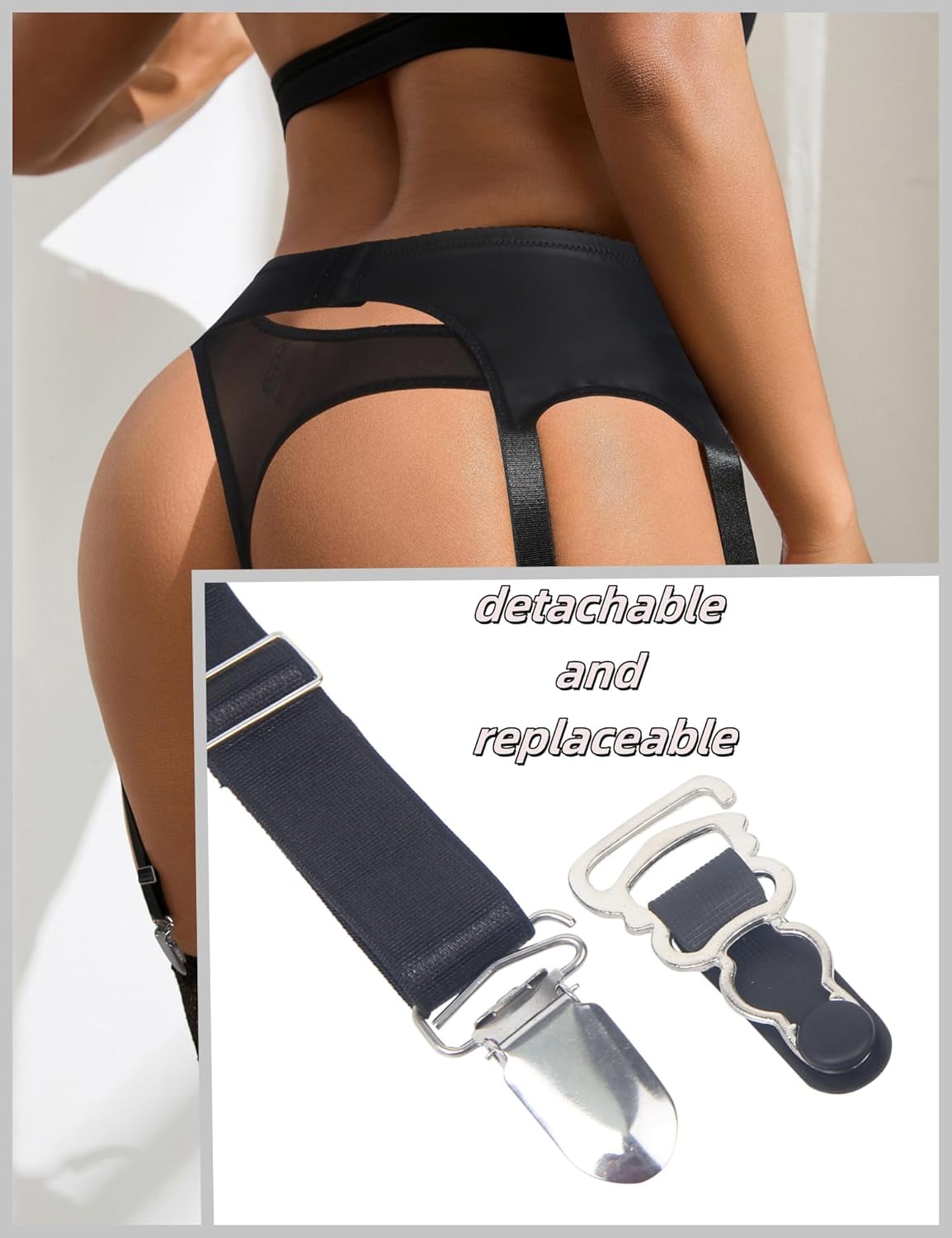 ohyeahlady Womens Faux Leather Garter Belt with 6 Strap Metal Clip Sexy Suspender Sets for Thigh Highs with G-String Thongs - Image 2