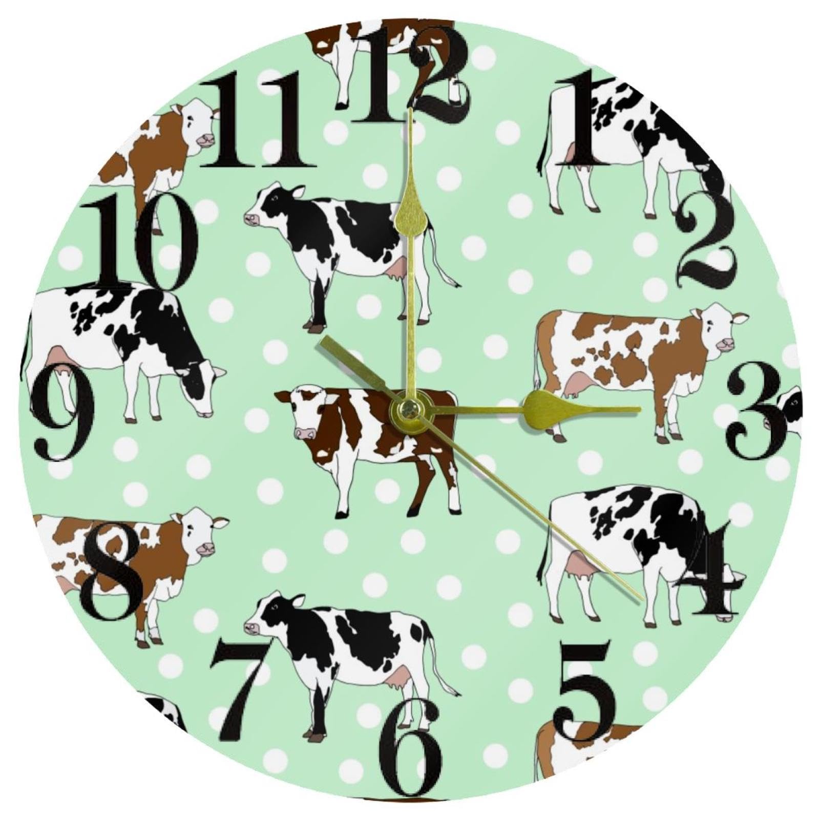 Horloge murale ronde silencieuse à motif vache marron et noir sur pois blancs pour cuisine