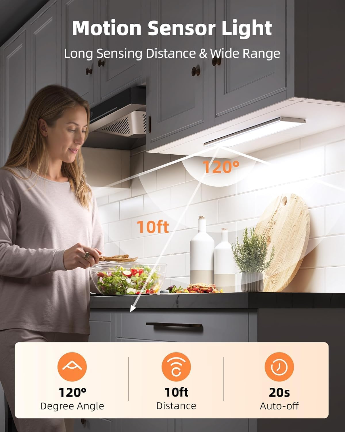 EZVALO 250LM Super Bright Under Cabinet Lighting Wireless, 8000mAh Rechargeable Battery Motion Sensor Light Indoor, Dimmable Under Counter Lights for Kitchen, 3-Inch Ultra-Wide Panel Closet Light