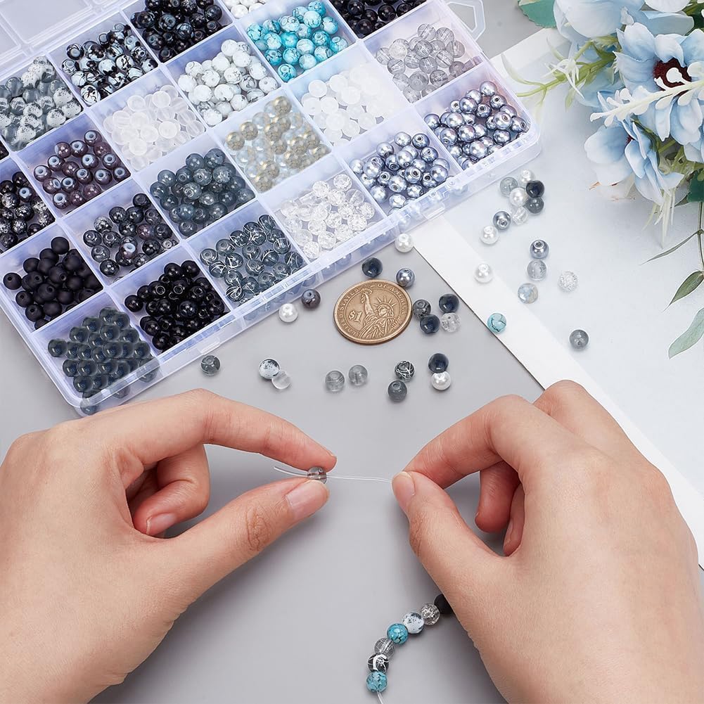 PH PandaHall 768pcs 6mm Round Glass Beads, 24 Style Black White Bracelet Beads Marble Loose Beads Spacers for Halloween Ramadan Earring Necklace Bracelet Jewelry Making