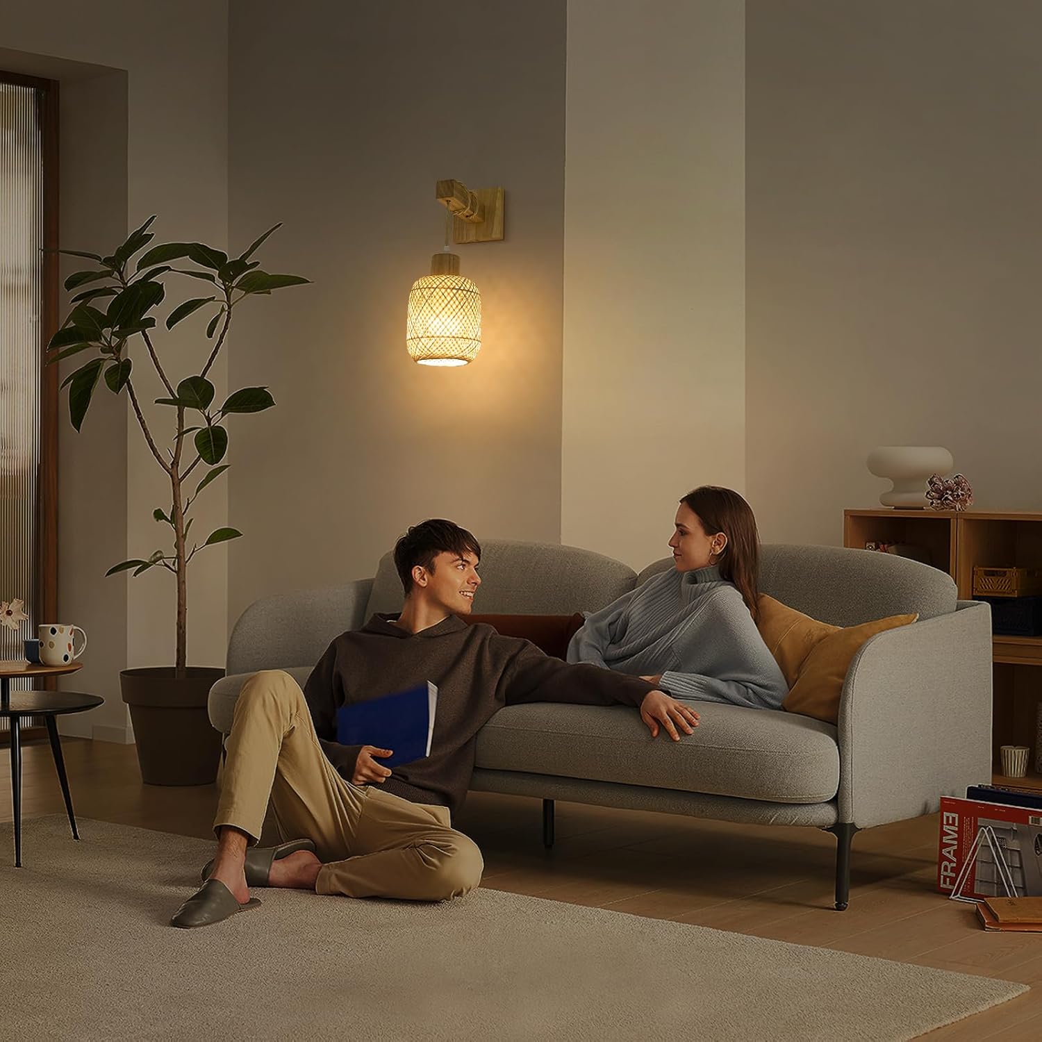 Boho Battery Operated Wall Sconce with Remote, Bamboo Lantern Wall Sconces Set of Two, 15 Colors Dimmable Rechargeable Wireless Wall Lights for Bedroom, Living Room Wall Decor